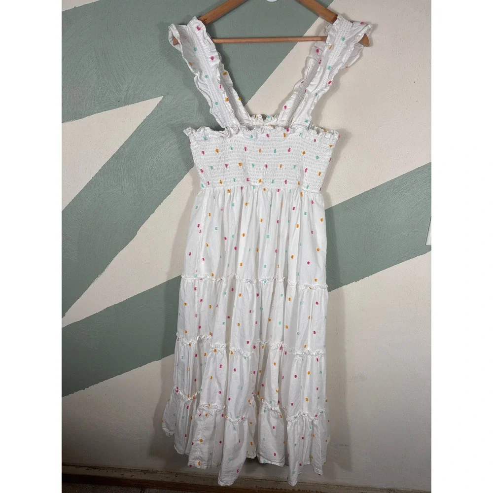 Crown & Ivy Women Size Small White Clip Dot Smocked Tiered Sleeveless Midi Dress